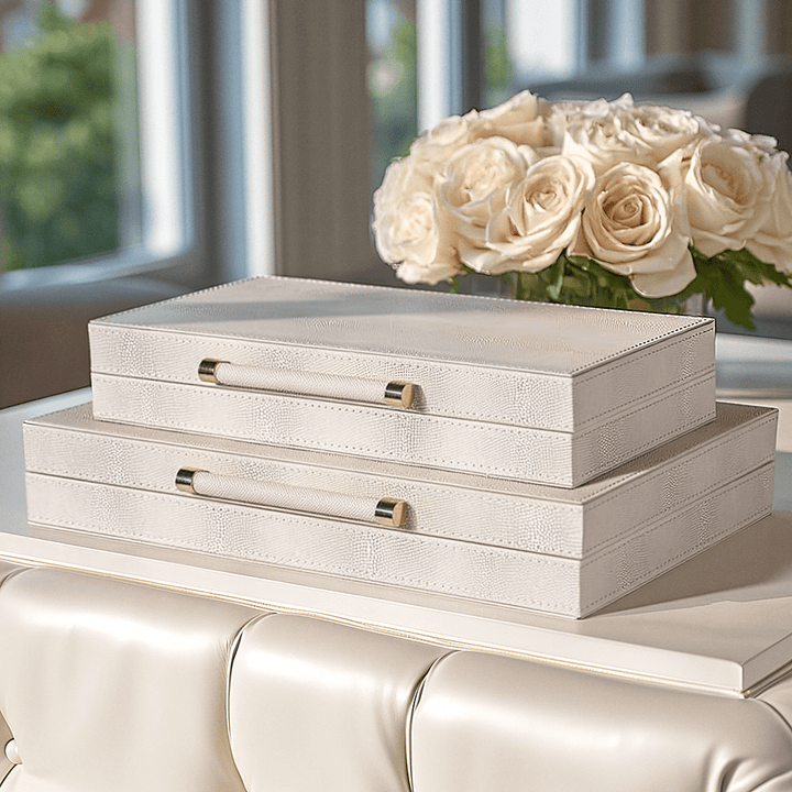 Brynn Luxury Ivory Faux Shagreen Boxes with Gold Handles - Set of 2 Accessories 