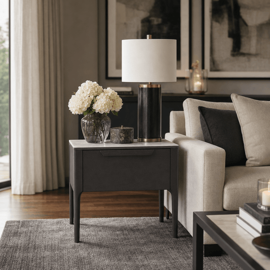 Cairo Luxury Dark Grey Oak Veneer 1 Drawer Bedside Table with Faux Marble Top Furniture 