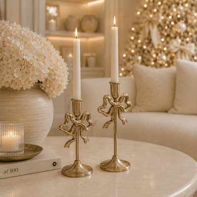 Calla Gold Bow Candlestick Holder - Set of 2 Accessories 