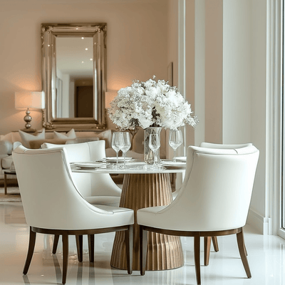 Camellia Antique Brass Ribbed Dining Table with White Marble Top Furniture 