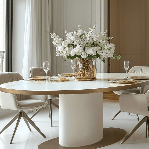 Camille Luxury Cream & Gold Oval Dining Table with Ceramic Marble Top Furniture 