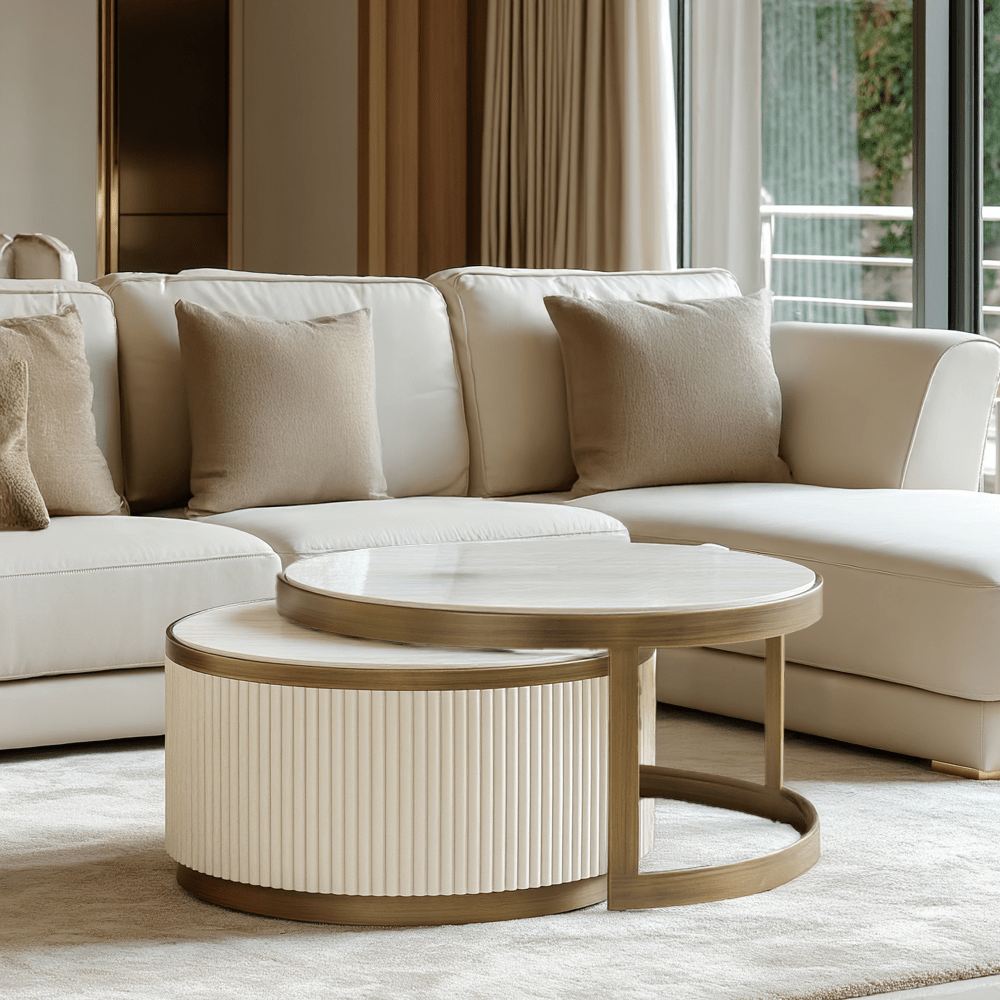 Camille Luxury Cream & Gold Ribbed Nested Coffee Tables with Ceramic M ...