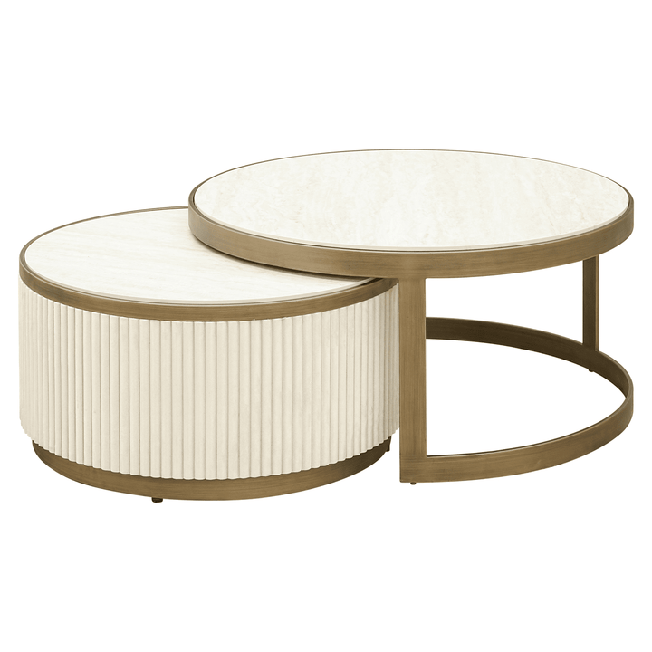 Camille Luxury Cream & Gold Ribbed Nested Coffee Tables with Ceramic Marble Top Furniture 