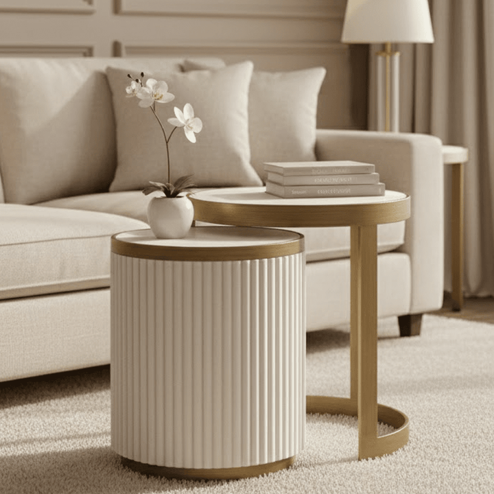 Camille Luxury Cream & Gold Ribbed Nested Side Tables with Ceramic Marble Top Furniture 