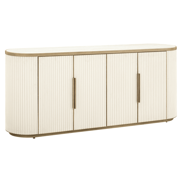 Camille Luxury Cream & Gold Ribbed Oval 4 Door Sideboard with Ceramic Marble Top Furniture 