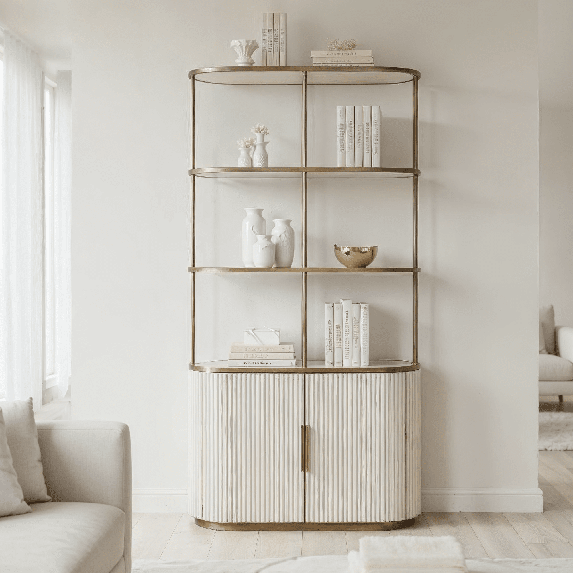 Camille Luxury Cream & Gold Ribbed Shelving Unit Furniture 