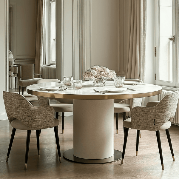 Camille Luxury Cream & Gold Round Dining Table with Ceramic Marble Top Furniture 