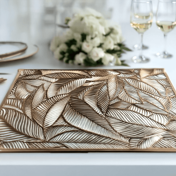 Carenza Gold rectangular Leaf Print Placemat Accessories 