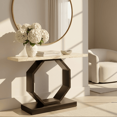 Cassiane Travertine Top Console Table with Black Base Furniture 