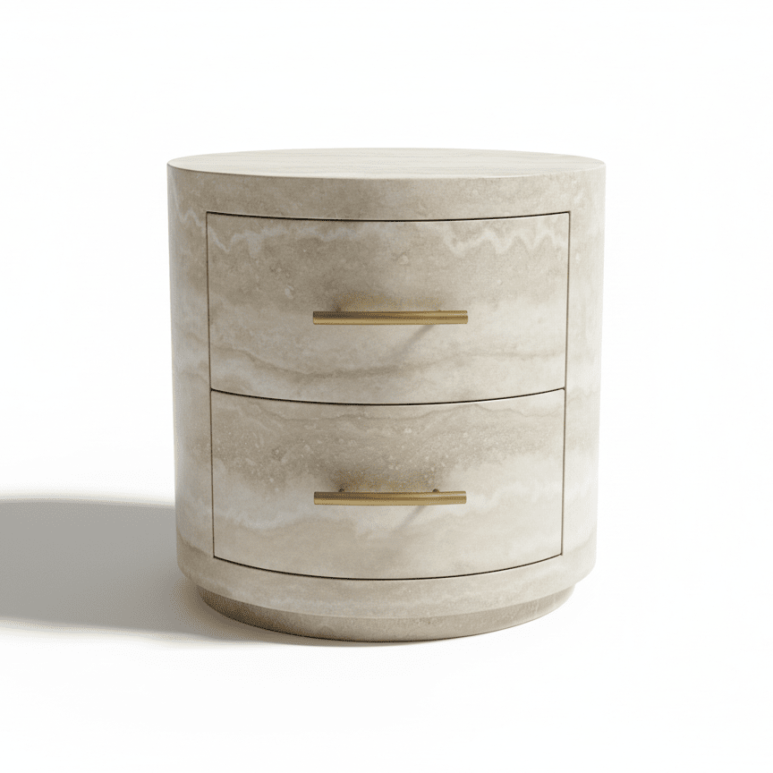 Celeste Round Neutral Marble Effect 2 Drawer Bedside Table Furniture 