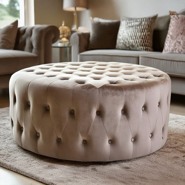 Cetona Taupe Velvet Buttoned Round Footstool Sofa 