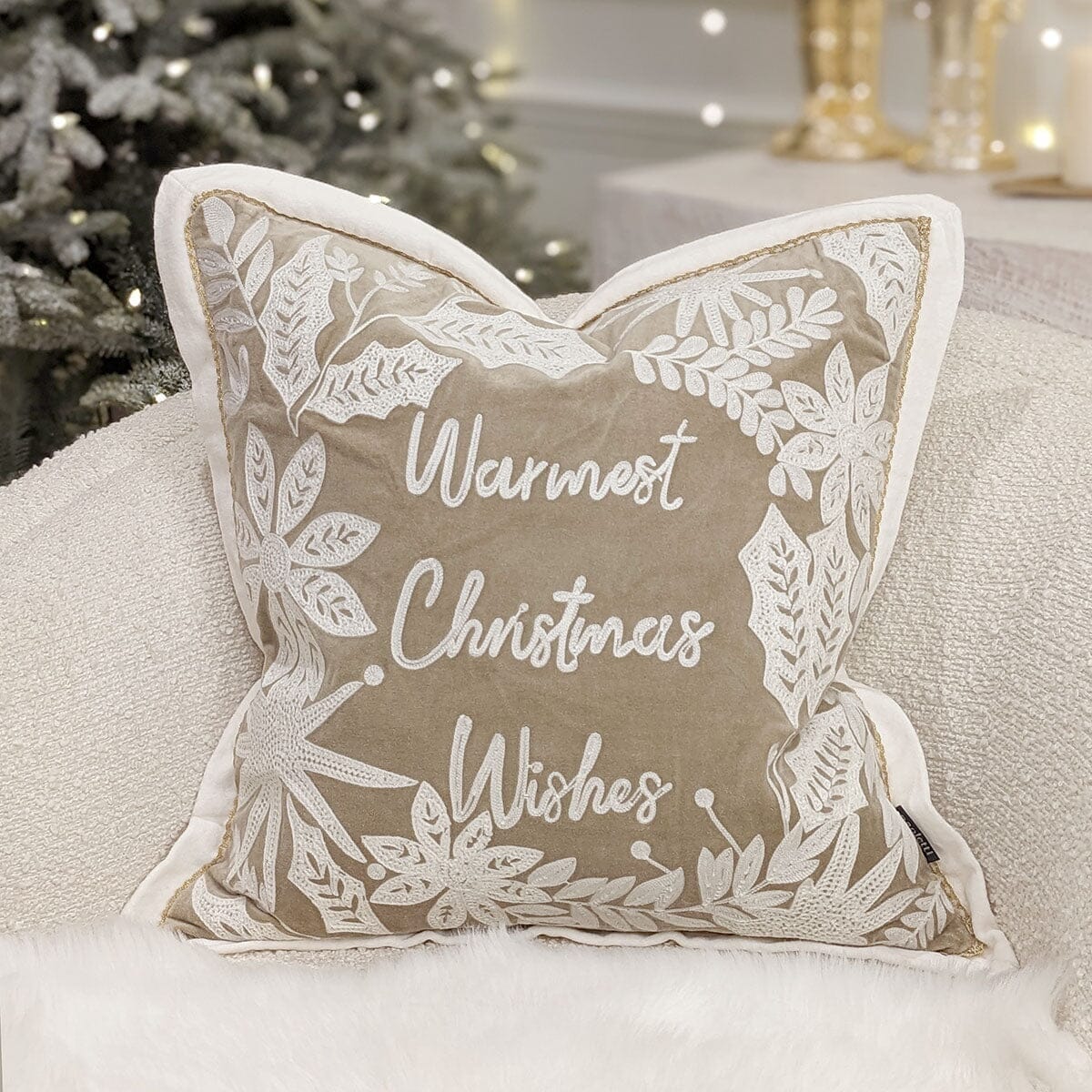 Christmas Warmest Wishes Beige & Cream Cushion Cover - 50x50cm Textiles 
