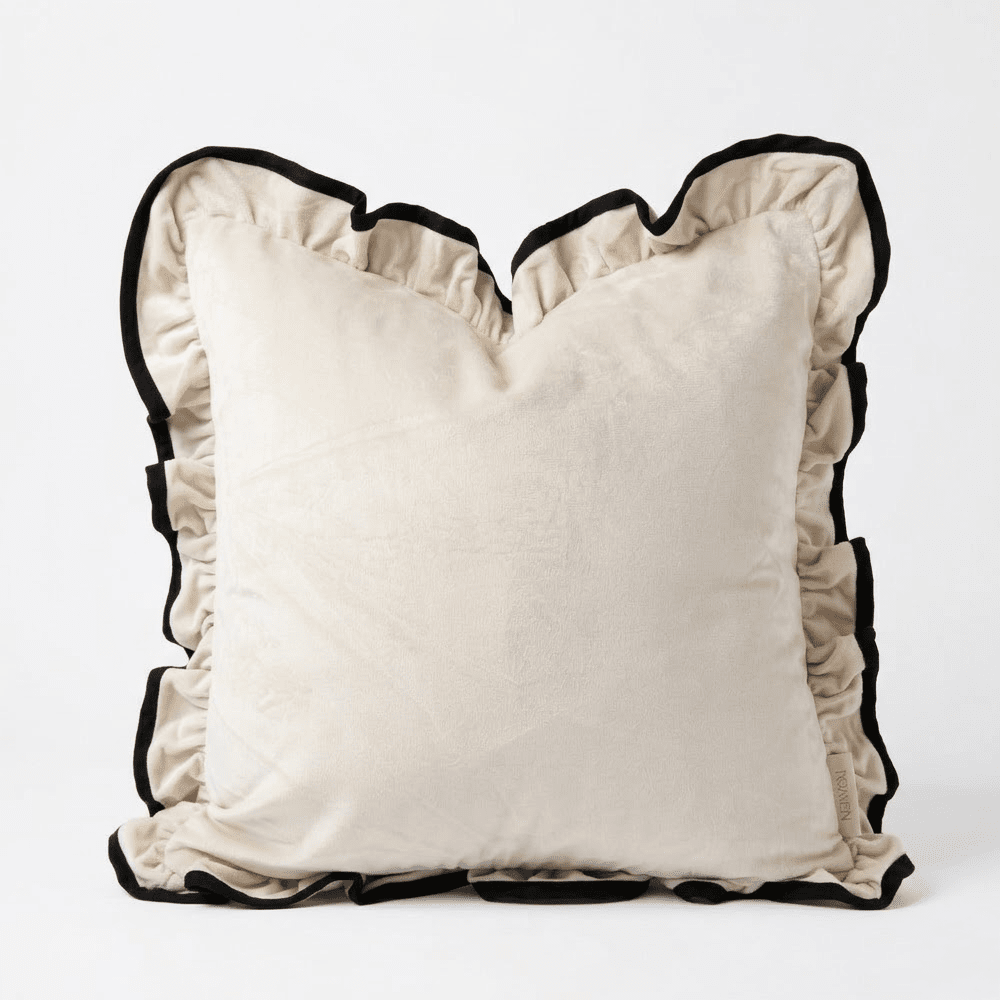 Clairvaux Cream Velvet Frilled Black Trim Cushion Cover - 45x45cm