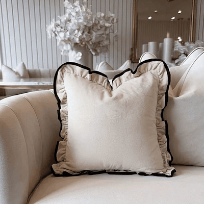 Clairvaux Cream Velvet Frilled Black Trim Cushion Cover - 45x45cm Textiles 