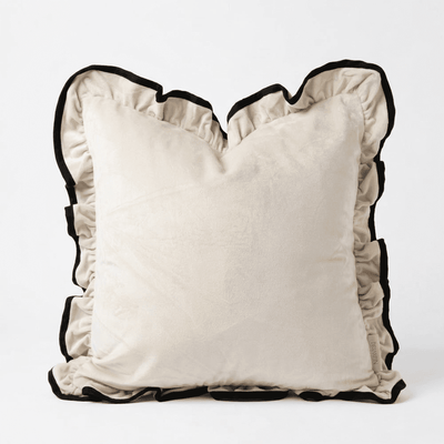 Clairvaux Cream Velvet Frilled Black Trim Cushion Cover - 45x45cm Textiles 