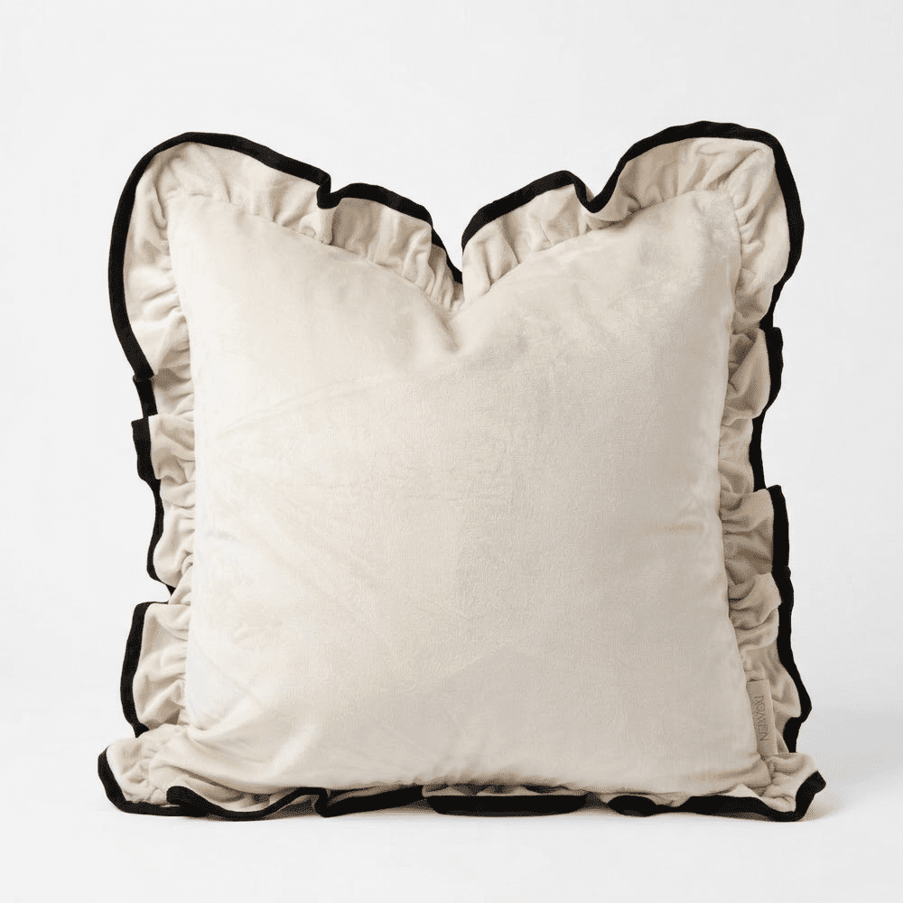 Clairvaux Cream Velvet Frilled Black Trim Feather Filled Cushion - 45x45cm 