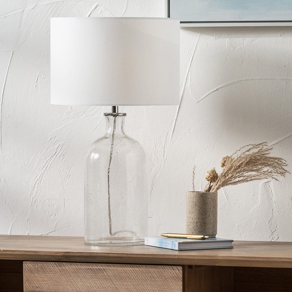 Clarida Clear Textured Glass Table Lamp With White Shade Lighting 