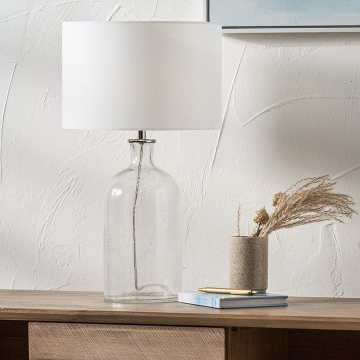 Clarida Clear Textured Glass Table Lamp With White Shade Lighting 