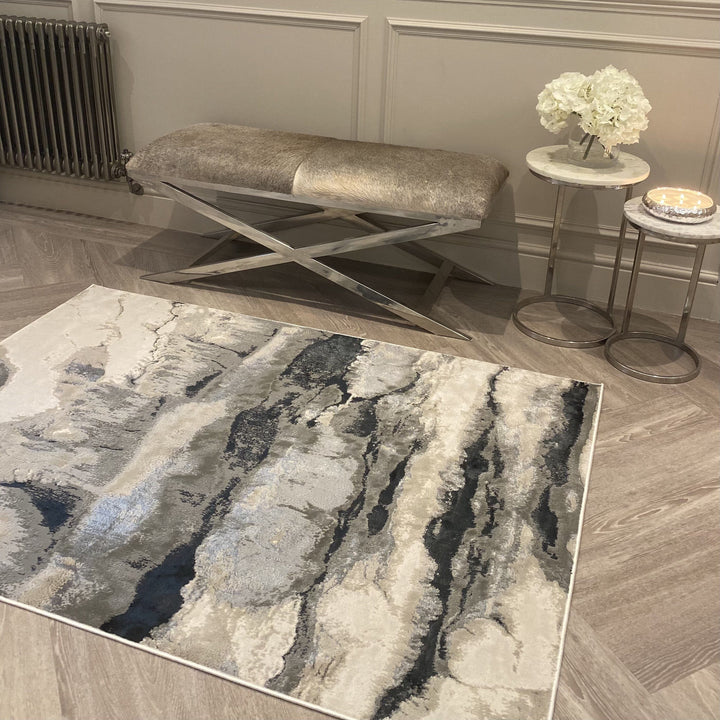 Clearance - Glacial Cream & Grey Marble Wash Velvet Rug - 200 x 290cm Textiles 