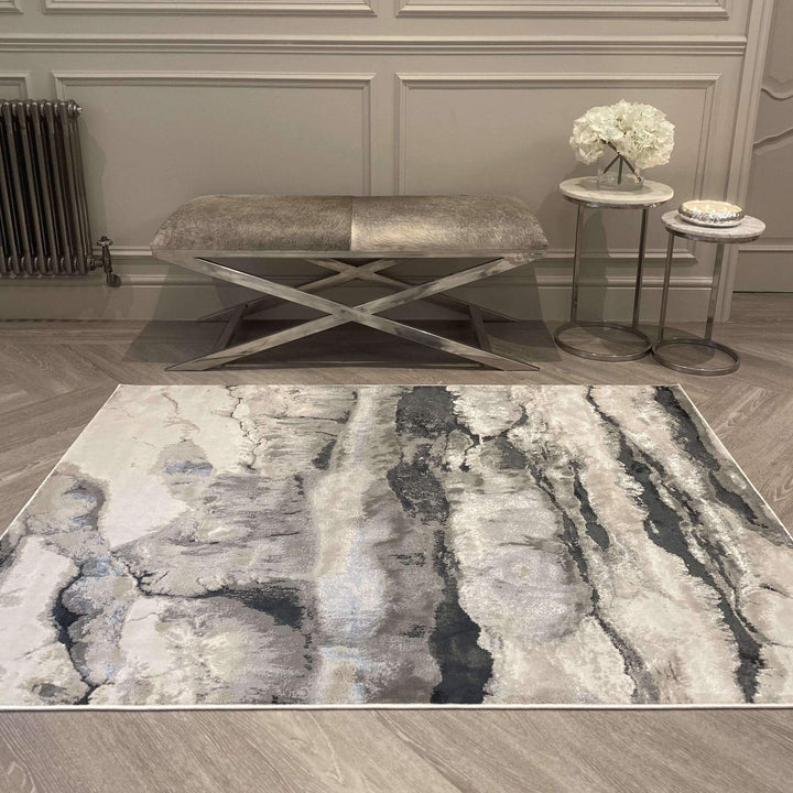 Clearance - Glacial Cream & Grey Marble Wash Velvet Rug - 200 x 290cm Textiles 