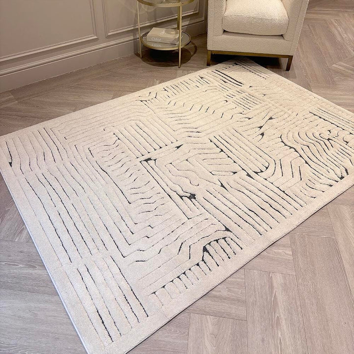 Clearance - Toronto Cream & Black Abstract Patterned Rug - 120X170cm Textiles 