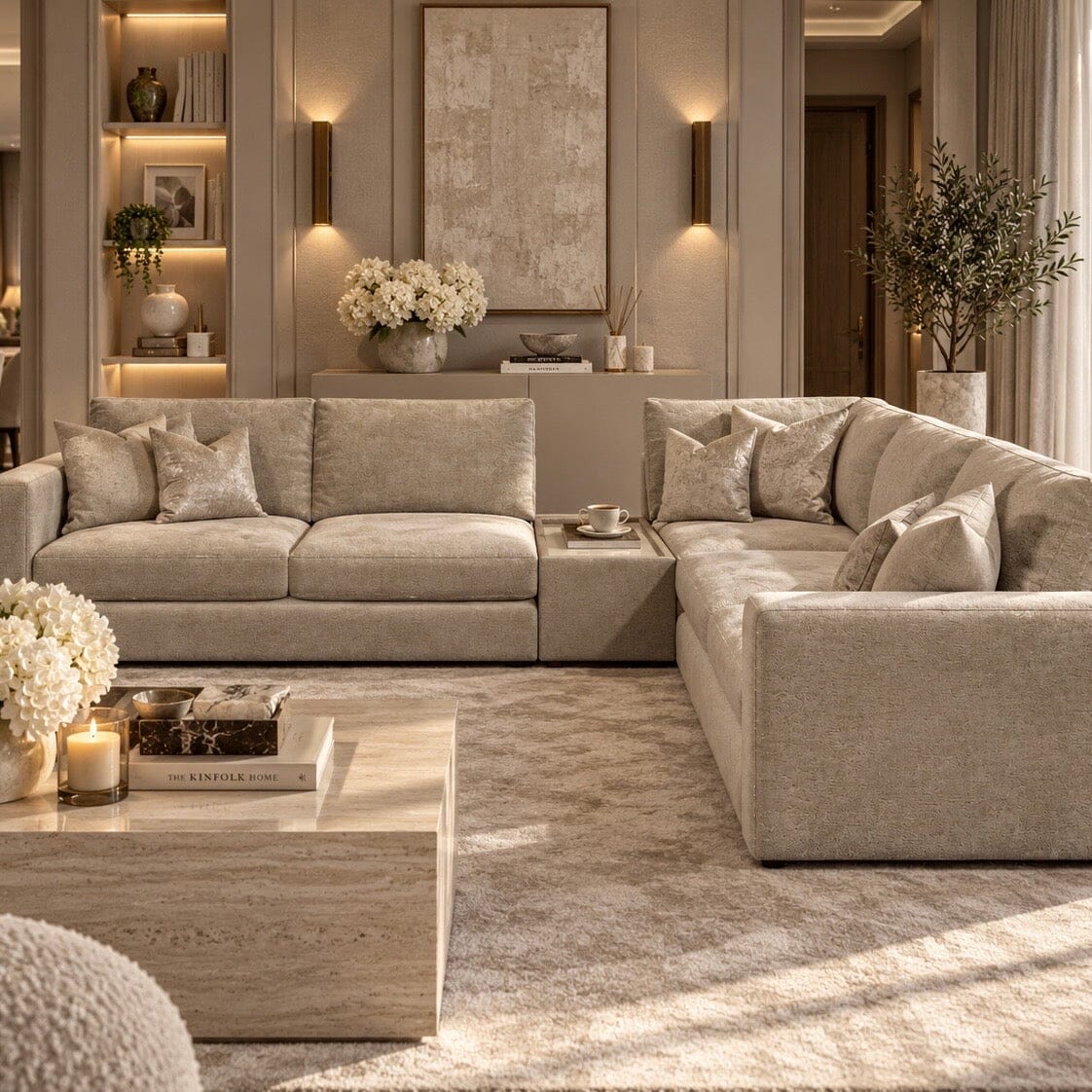 Cleo Luxe Chenille Oyster Sofa Range Sofa Large Corner with Coffee Console 