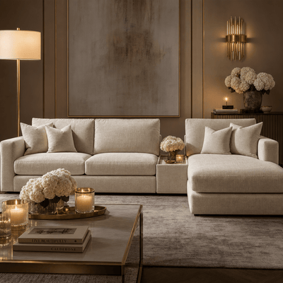 Cleo Luxe Chenille Pearl Sofa Range Sofa Large Chaise End Right Hand Facing, with Coffee Console 