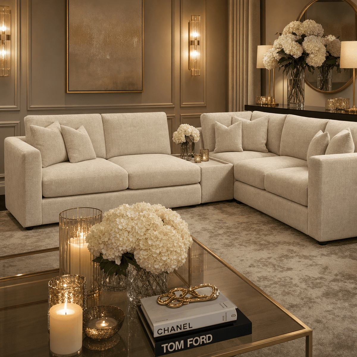 Cleo Luxe Chenille Pearl Sofa Range Sofa Large Corner with Coffee Console 