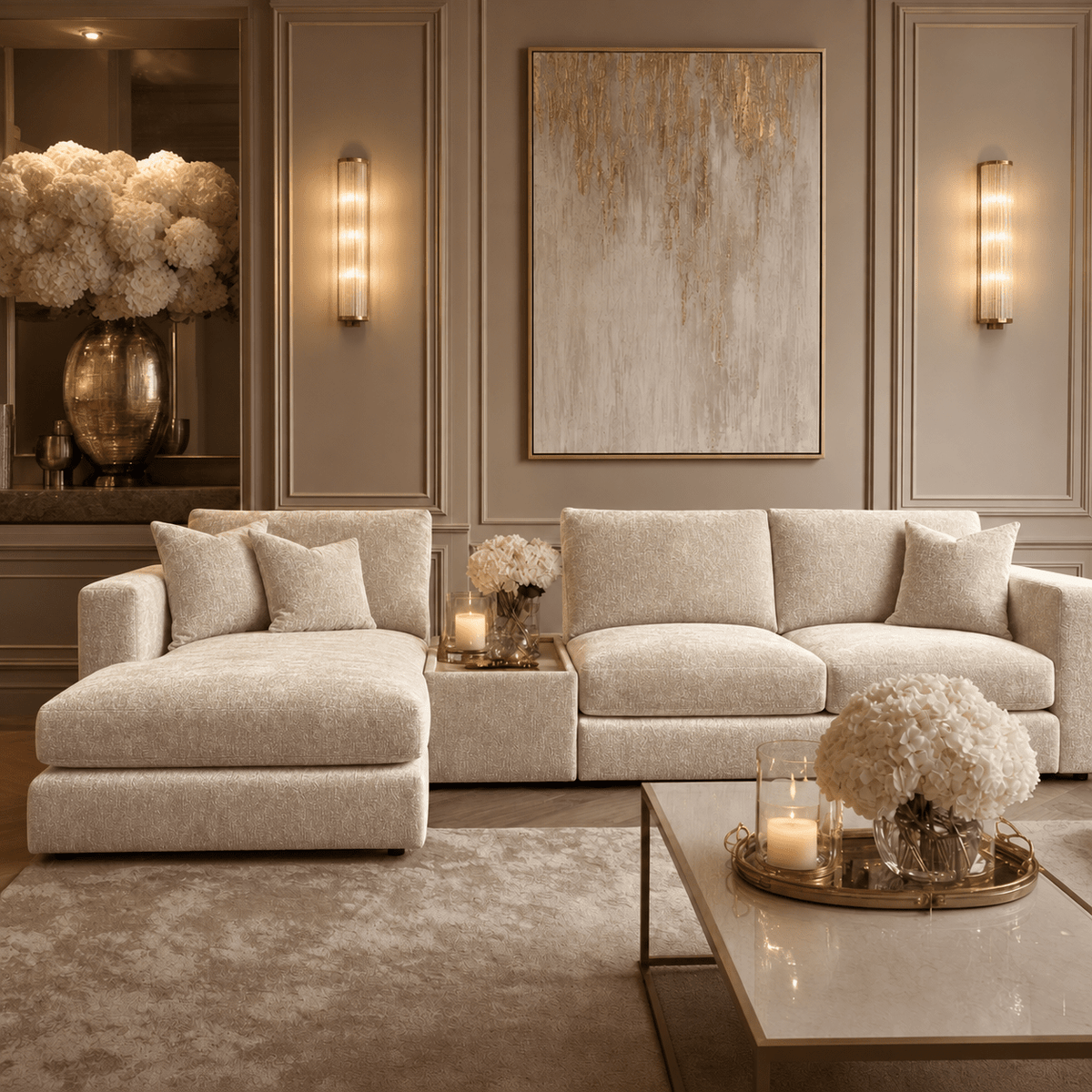 Cleo Luxe Chenille Pearl Sofa Range Sofa Small Chaise End Left Hand Facing, with Coffee Console 