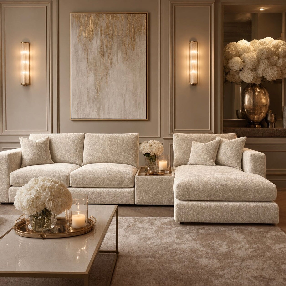 Cleo Luxe Chenille Pearl Sofa Range Sofa Small Chaise End Right Hand Facing, with Coffee Console 