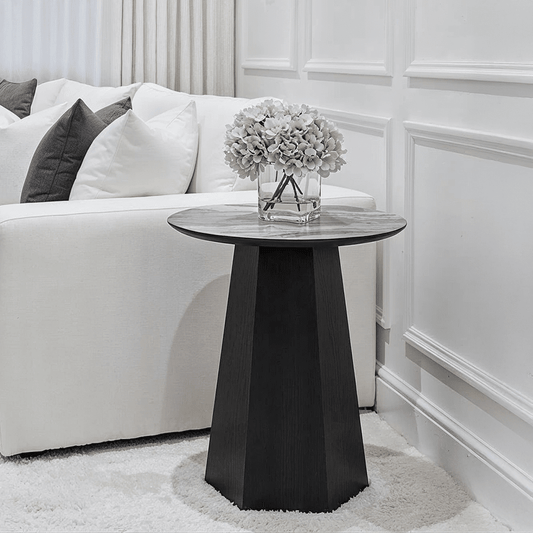 Collins Dark Brown Wooden Side Table with Marble Effect Top Furniture 