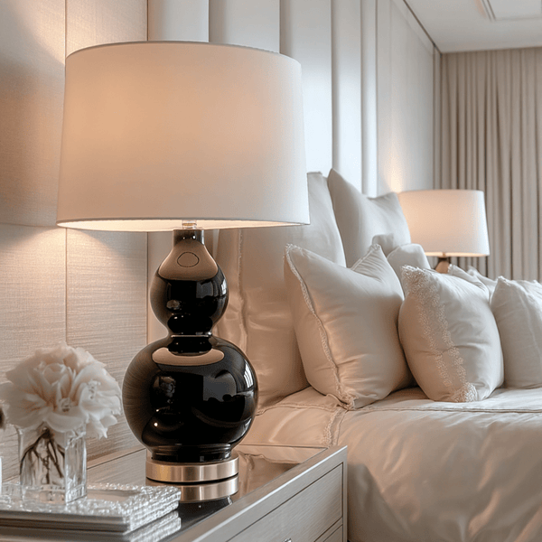 Corella Black Curved Ceramic Table Lamp with Gold Base & White Shade Lighting 