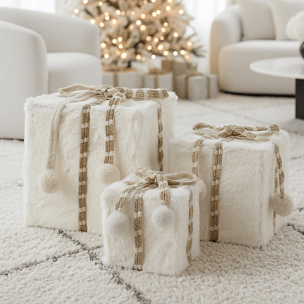 Cream Faux Fur Wrapped Decorative Presents- Set of 3 Accessories 