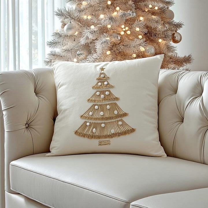 Cream Gold Luxury Christmas Tree Cushion with Fringe Detailing
