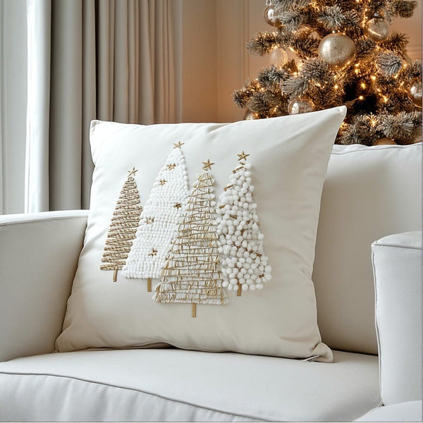 Cream & Gold Luxury Christmas Tree Stitched Cushion - 45x45cm Textiles 