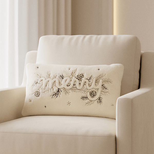 Cream 'Merry' Embroidered Festive Bolster Cushion - 30x50cm Textiles 