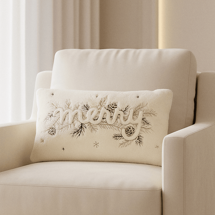 Cream 'Merry' Embroidered Festive Bolster Cushion - 30x50cm Textiles 