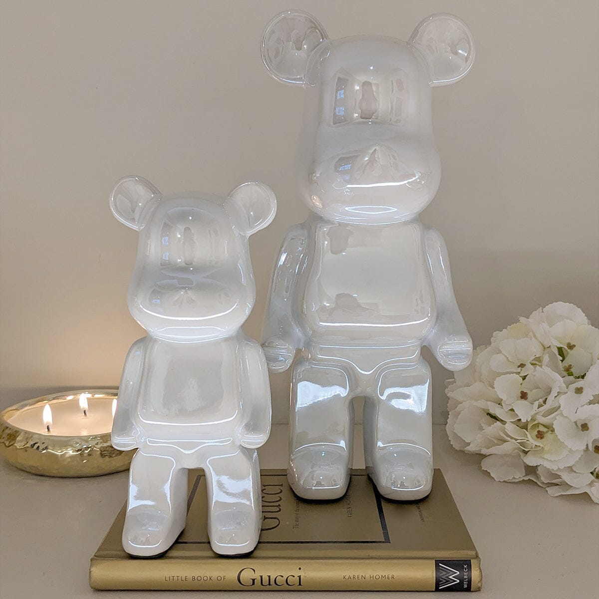Cream Pearlescent Standing Bear Ornament - Set of 2 Accessories 