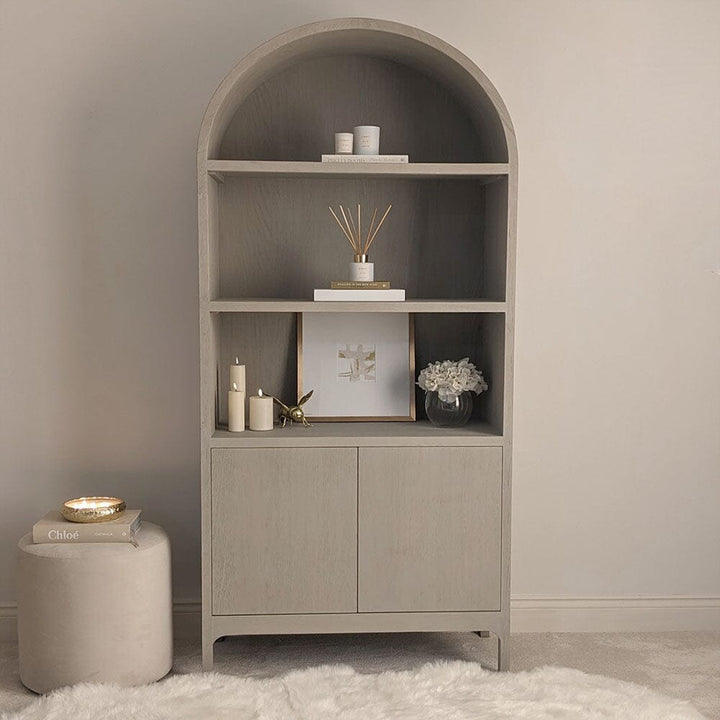 Cyra Arch Top White Wash Wooden Shelving Unit Furniture 