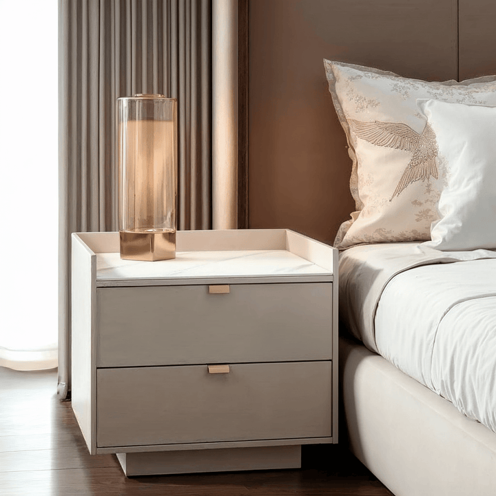 Cyra Beige 2 Drawer Bedside Table with Marble Top Furniture 