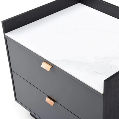 Cyra Dark Grey Luxury Oak 2 Door Bedside Table with Marble Top Furniture 