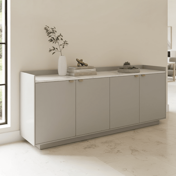 Cyra Luxury Beige Oak 4 Door Sideboard with Marble Top Furniture 
