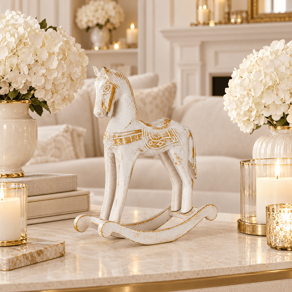 Decorative Cream & Gold Rocking Horse Ornament Accessories 