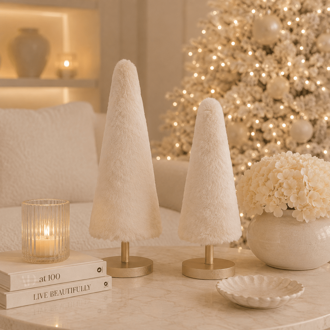 Decorative Faux Fur Cream Christmas Tree Ornament - Set of 2 