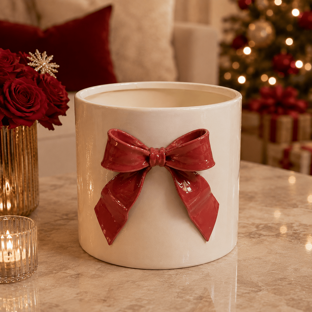 Decorative Planter with Red Bow Accessories 
