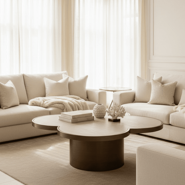 Delia Large Brushed Brass Clover Coffee Table with Travertine Top Furniture 