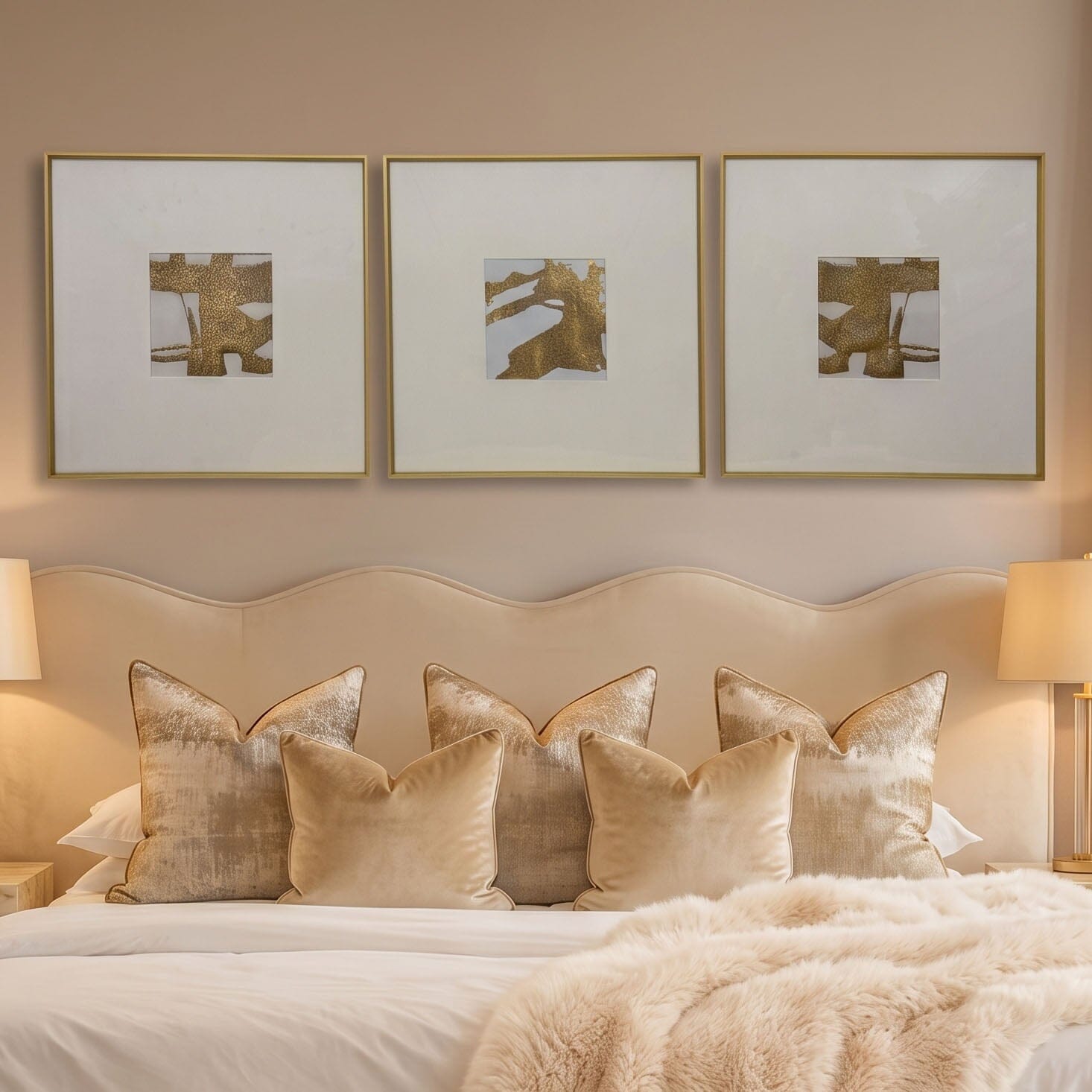 Deluxe Cream & Gold Framed Wall Art - Set of 3 Accessories 