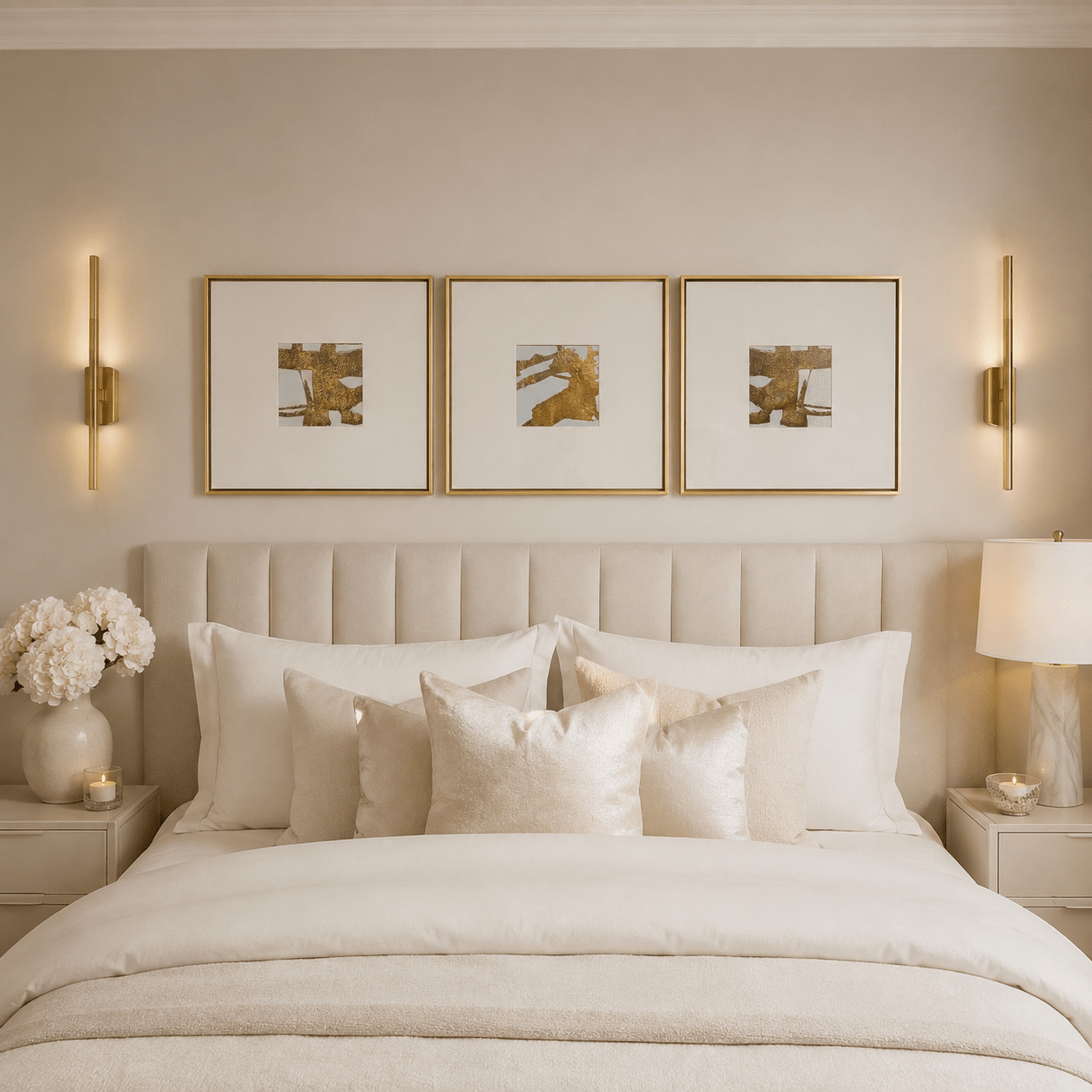 Deluxe Cream & Gold Framed Wall Art - Set of 3 Accessories 