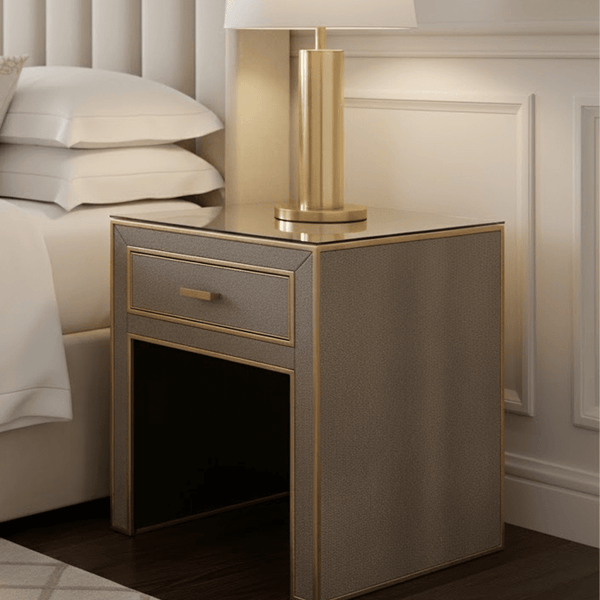 Demilla Luxury Shagreen 1 Drawer Bedside Table with Glass Top Furniture 