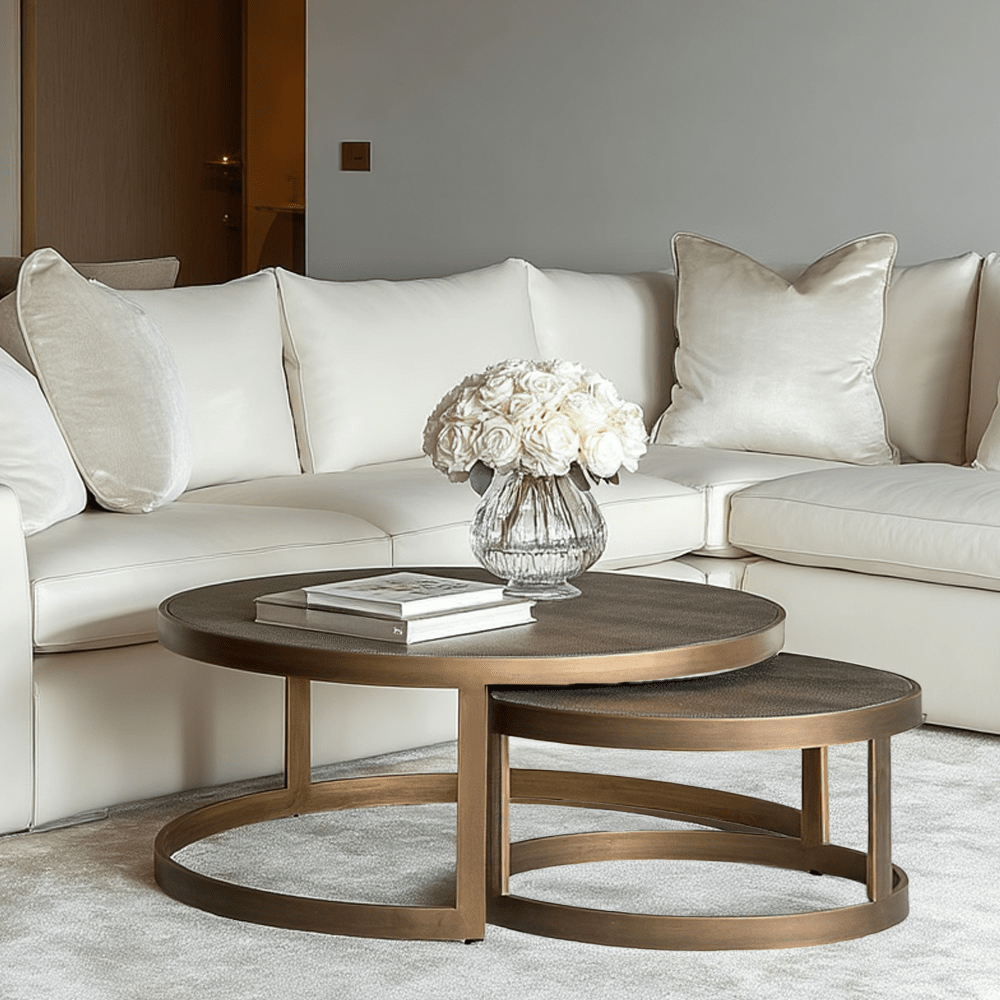 Demilla Luxury Shagreen & Brushed Brass Nest of Coffee Tables Furniture 